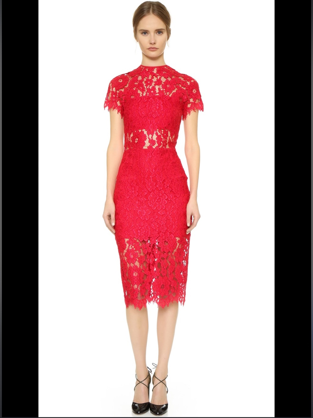 ALEXIS Leona Lace Stretch Sheath Midi Cocktail Dress Bright Red size s